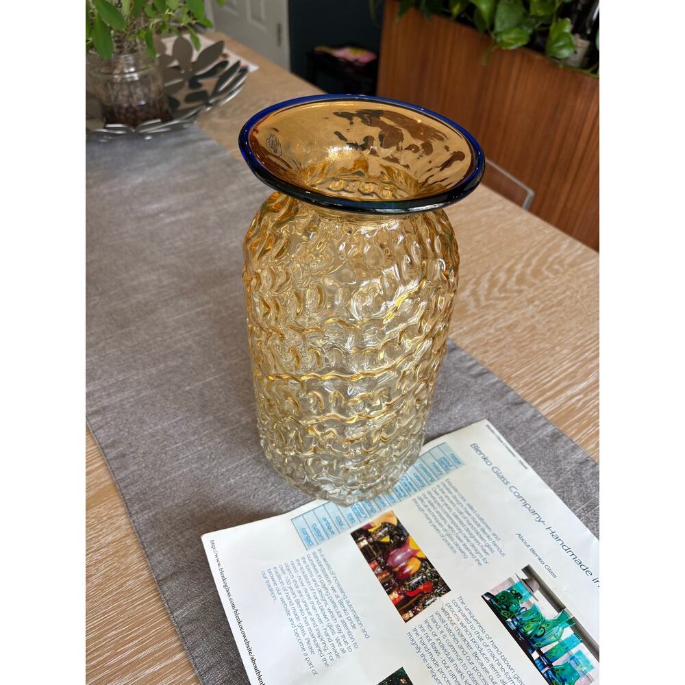 2007 Blenko Hand-Blown Glass Beaker Vase Amber & Cobalt Signed - Picture 16 of 16